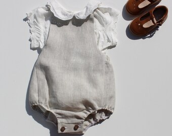 Natural Linen Romper with Adjustable Button Fastening