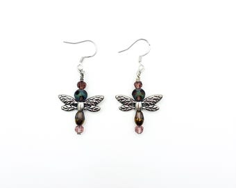 Beaded dragonfly dangle earrings