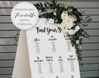 Personalised Printable Wedding Seating Chart, White, Wedding Table Plan, Table planner