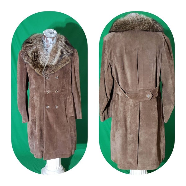 Vintage Suede Leather Winter Coat with Fur Collar