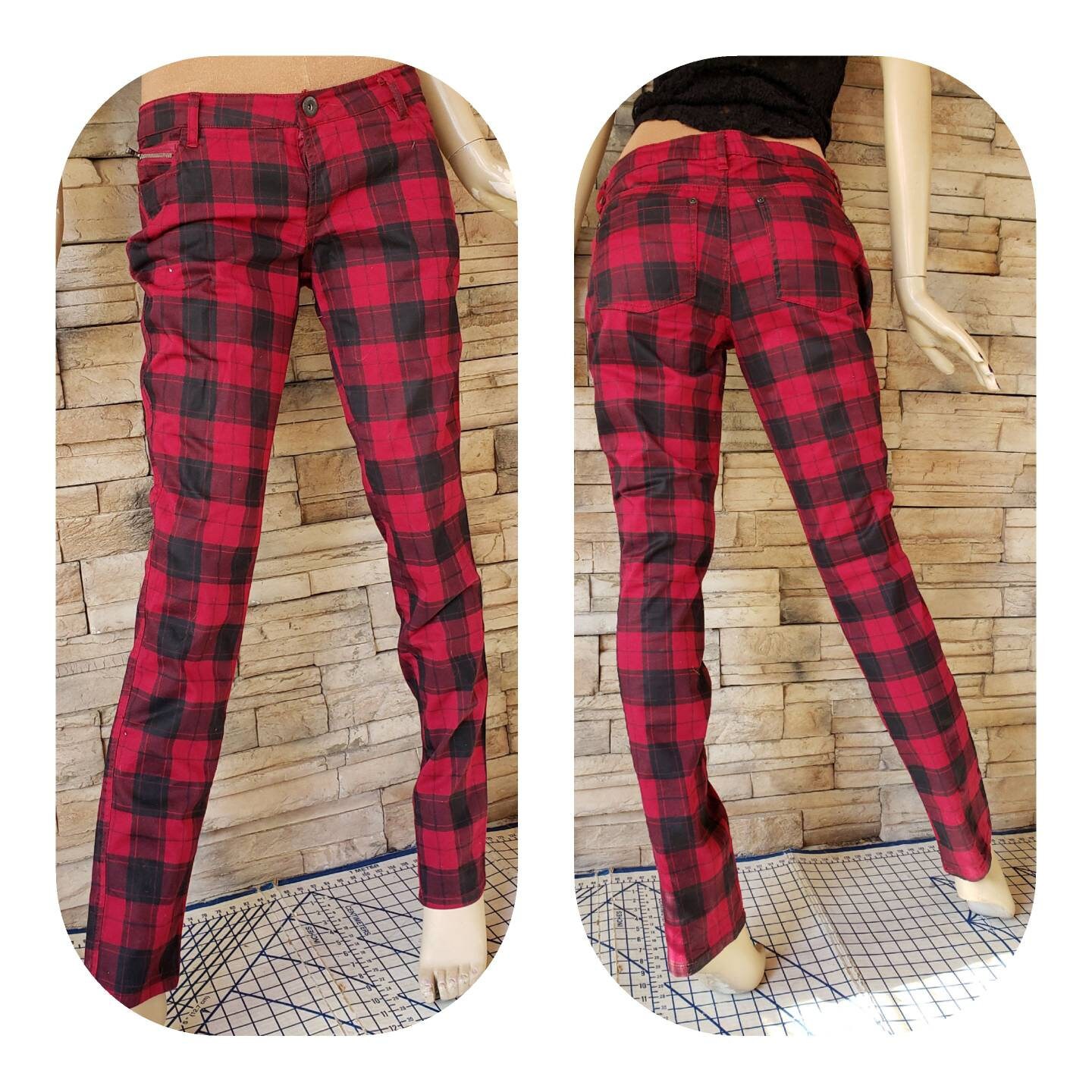 Red Black Checkered Steampunk jeans 725 Original | Etsy
