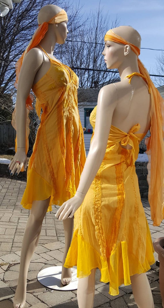 90s Orange gauze cotton summer dress