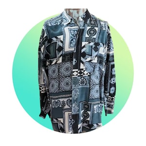 Abstract Print Long Sleeve Silk Shirt Size L