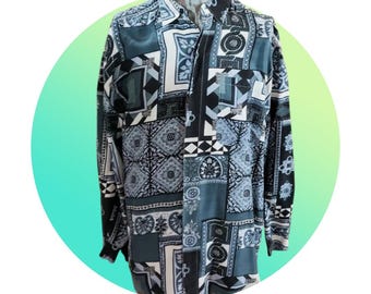 Abstract Print Long Sleeve Silk Shirt Size L