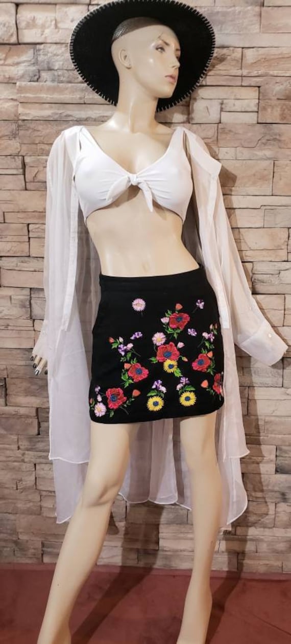 Black Cotton Floral Embroidered Mini Skirt