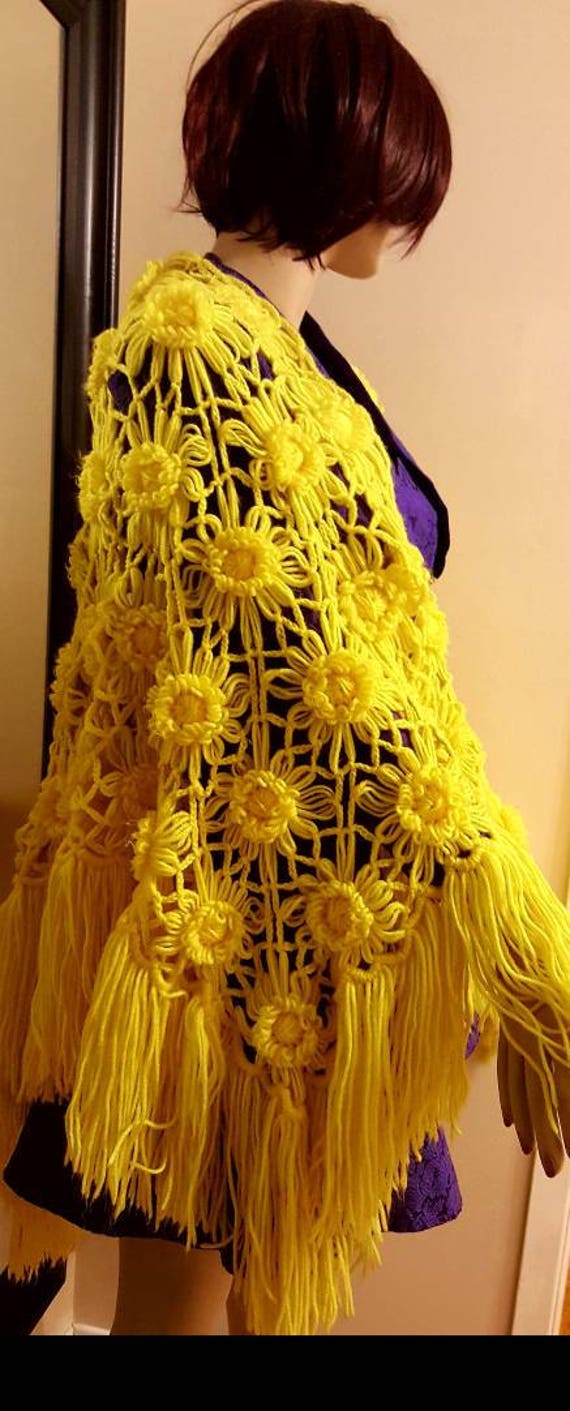 Triangular Yellow Crocheted Shawl Wrap - image 4