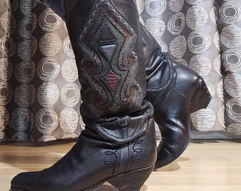 Tooled Vintage  Western , Bohemian Boots / Embroidered Country Boots / Prairie Fashion /