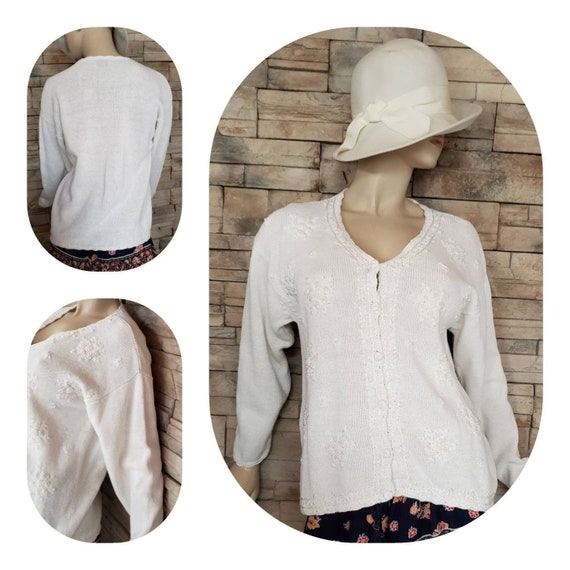 Embroidered White Cotton Cardigan Sweater