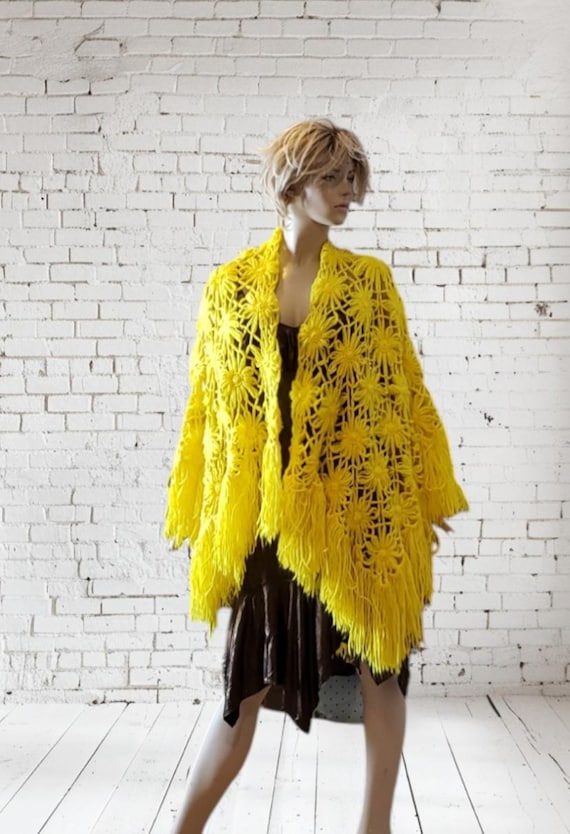Triangular Yellow Crocheted Shawl Wrap - image 1