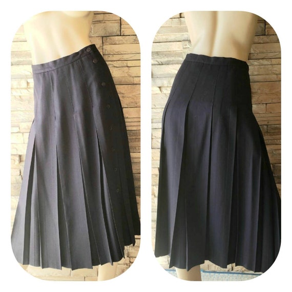 Navy Blue Pleated Wool Skirt