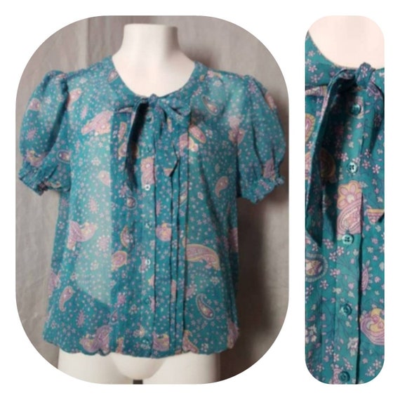 Paisley Print Turquoise Pussy Bow Blouse