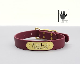 Collar para perro con hebilla de cinturón impermeable color vino y placa de identificación remachada: Biothane, hecho a mano, fácil de limpiar.