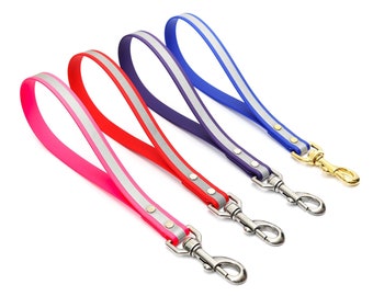 May include: Four dog leashes in pink, red, purple, and blue with reflective silver strips and silver clips.