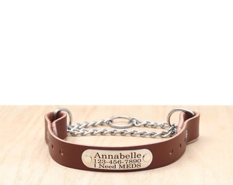 Può includere: Collare per cani in pelle marrone con una catena argentata e un'etichetta argentata che recita "Annabelle 123-456-7890 I Need MEDS".