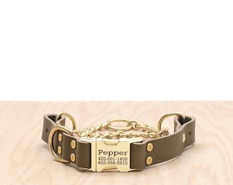 May include: A brown leather dog collar with a brass chain and a brass tag that reads "Pepper 402-691-1408 402-968-5910".