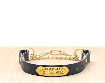 Navy Leather Chain Martingale Dog Collar with Riveted Nameplate: Full Grain, Handmade