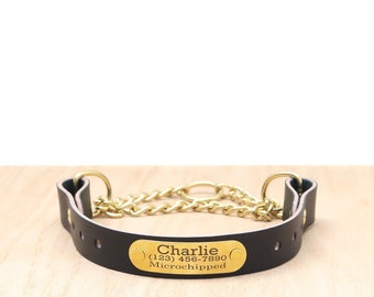 Può includere: Collare per cani in pelle nera con una catena dorata e un'etichetta dorata che recita "Charlie (123) 456-7890 Microchippato".