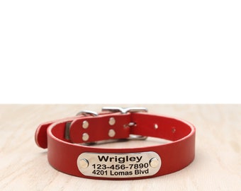 Red Leather Belt Buckle Dog Collar with Riveted Nameplate: Full Grain, USA Made