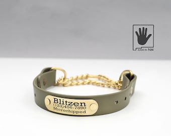 Collare per cani con catena impermeabile Martingale color oliva e targhetta rivettata: Biothane personalizzato, antiodore