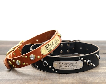 Studded Leather Belt Buckle Dog Collar with Riveted Nameplate: Full Grain, Handmade (Quasar Pattern)