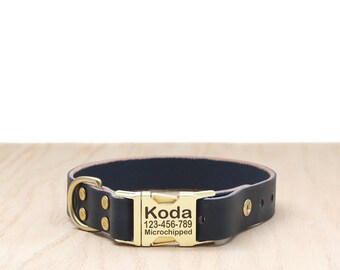 Navy Leather Quick Release Dog Collar with Engraved Buckle: Full Grain, Handmade