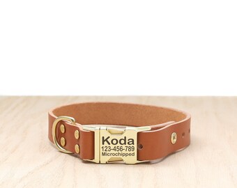Personalized Tan Leather Dog Collar w Quick Release | Handmade Engraved Tan Leather Dog Collar | USA Made Full Grain Tan Leather Collar