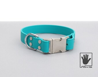 Puede incluir: Un collar para perro de color azul turquesa con una hebilla plateada y un anillo en D plateado. Hecho en NM.