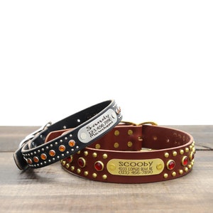 Personalized Studded Leather Dog Collar | Handmade Custom Leather Collar w Personalized Riveted Nameplate | Full Grain Leather | The &#39;Bart&#39;