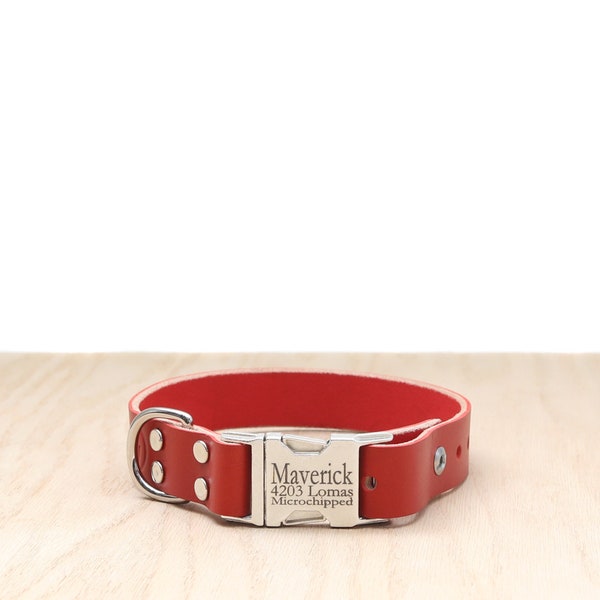 Gepersonaliseerde rood lederen snelsluiting halsband | Handgemaakte gegraveerde leren halsband | Kraag met snelle ontgrendeling | Ontwerper hondenhalsband