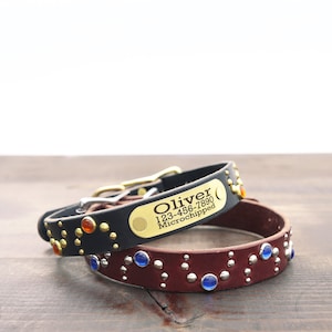 Hundehalsband aus Leder mit Nieten | Vollnarbenleder Hundehalsband mit personalisiertem Namensschild | Personalisierbare genietete Namensschild | 1 &quot;Hufeisenmuster