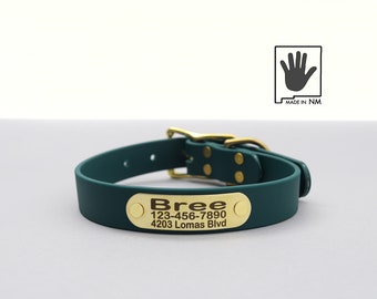 Forest Waterproof Belt Buckle Dog Collar with Riveted Nameplate: Handmade, Biothane, Easy Clean