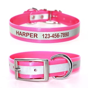 Pode incluir: Uma coleira rosa brilhante para cães com uma faixa prateada refletora. A coleira apresenta o nome "HARPER" e um número de telefone em letras prateadas. Possui uma fivela de metal e um anel em D para a trela.