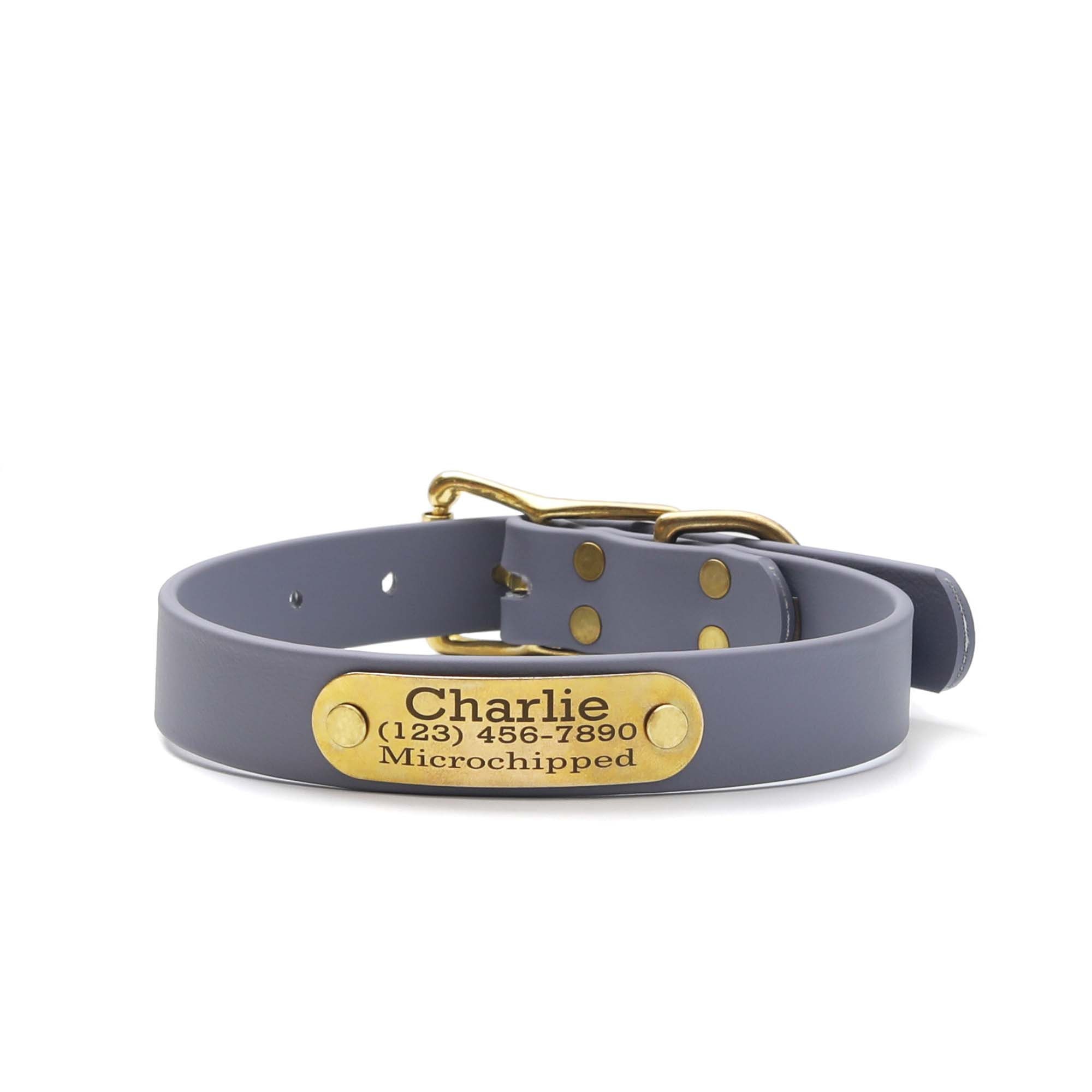 Personalized Gris | Grey Waterproof Belt Buckle Dog Collar With Riveted Nameplate Easy Clean