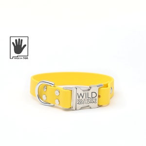 Gepersonaliseerde waterdichte hondenhalsband met snelsluiting in Limon (geel) | Leren alternatieve hondenhalsband | Rubberen hondenhalsband met aangepaste gesp