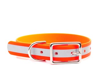 Collar para perro con hebilla reflectante naranja mate: fácil de limpiar, hecho a mano, a prueba de olores.