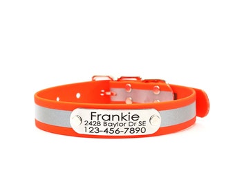 Collar para perro personalizado con hebilla reflectante naranja mate y placa identificativa con remaches: fácil de limpiar, hecho a mano.