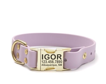 Collier pour chien personnalisé imperméable violet pastel à dégagement latéral : boucle gravée, fait main, facile à nettoyer