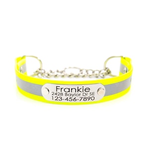 Personalized Neon Yellow Matte Reflective Martingale Collar w Engraved Nameplate | High Visibility Biothane Dog Collar | Training Collar