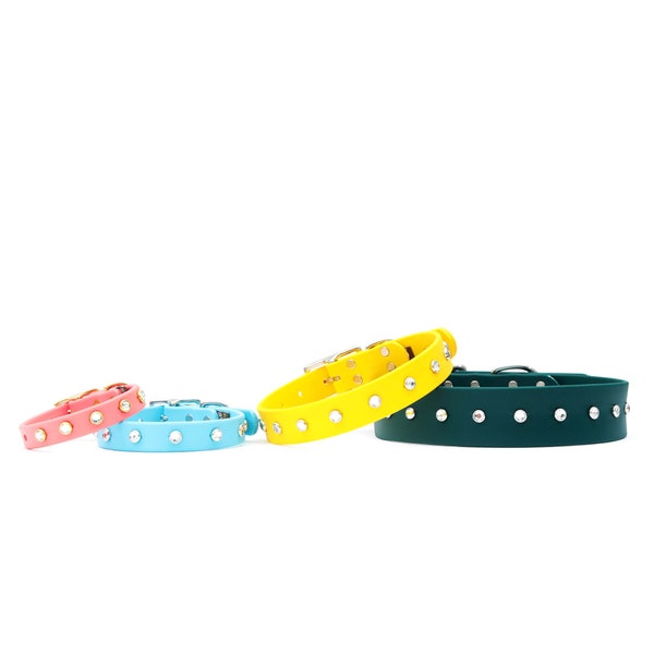 Studded Waterproof Belt Buckle Dog Collar with Clear Gems - CoCo |  21 Colors | Sparkle Biothane with Handset Gems | Biothane Dog Collar