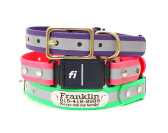 Reflective Waterproof Fi Compatible Belt Buckle Collar w Tabs |  Big Dog Collar | GPS Collar Band | Biothane Dog Collar | Series 3/3+