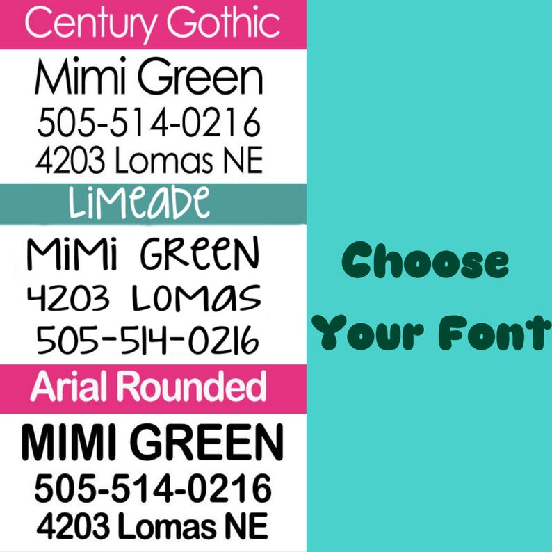 Puede incluir: Un gr&aacute;fico con ejemplos de texto en diferentes fuentes. El texto incluye "Mimi Green", un n&uacute;mero de tel&eacute;fono y una direcci&oacute;n. Las palabras "Choose Your Font" se muestran sobre un fondo turquesa.