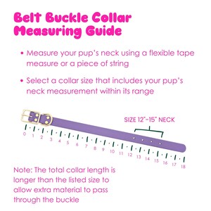 Puede incluir: Un collar morado para perros con hebilla dorada, gu&iacute;a de medici&oacute;n y texto. El collar est&aacute; marcado con medidas en cent&iacute;metros de 0 a 45 cm. El texto dice "Belt Buckle Collar Measuring Guide" y "SIZE 12"-15" NECK."