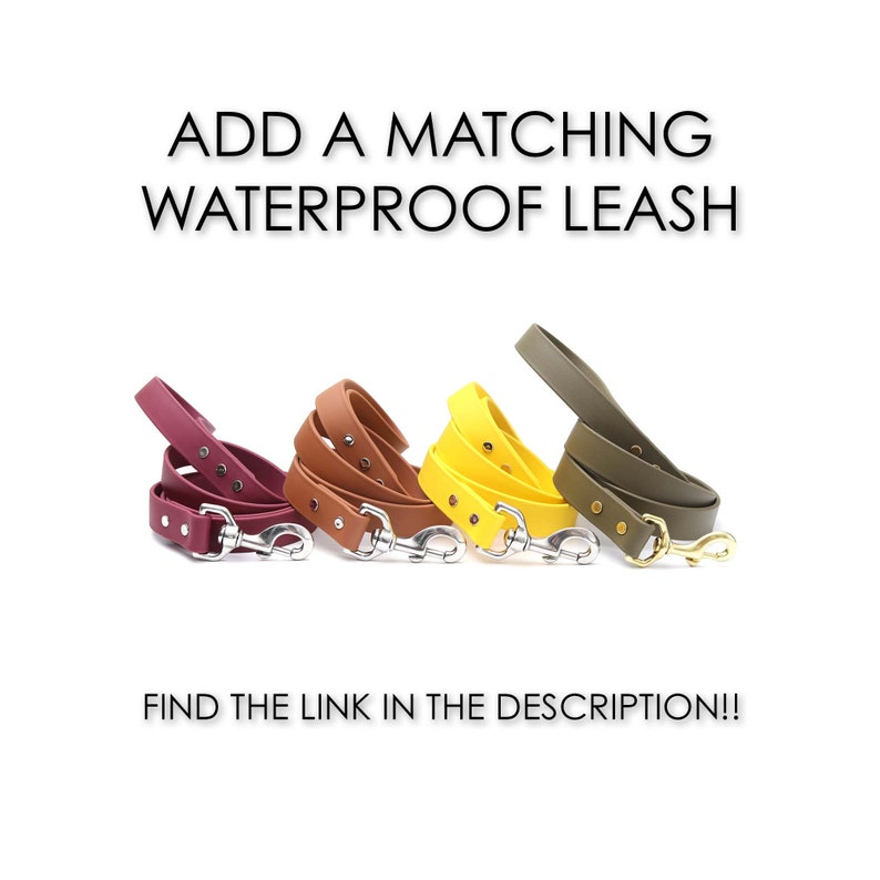 Puede incluir: Cuatro correas impermeables para perros en colores burdeos, marr&oacute;n, amarillo y verde oliva. Cada correa est&aacute; enrollada y tiene un cierre met&aacute;lico. El texto en la imagen dice: "ADD A MATCHING WATERPROOF LEASH" y "FIND THE LINK IN THE DESCRIPTION!!"