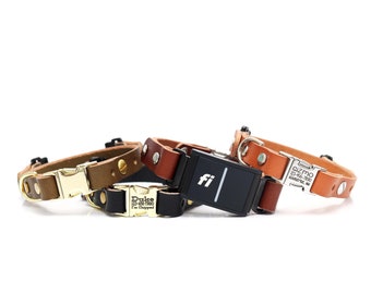 Op de afbeelding: Een verzameling leren hondenhalsbanden in verschillende tinten bruin en zwart. Sommige halsbanden hebben goudkleurige gespen en naamplaatjes met gegraveerde tekst. Eén halsband heeft een zwarte Fi-tracker.