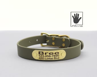 Olive Waterproof Belt Buckle Dog Collar with Riveted Nameplate: Handmade, Biothane, Easy Clean