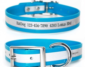Personalized Turquoise Blue Shiny Reflective Collar | Biothane Dog Collar | Belt Buckle Collar | Personalized Collar | Big Dog Collar