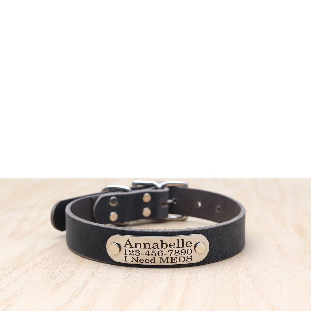 Grey Leather Dog Collar W Personalized Riveted Nameplate Etsy