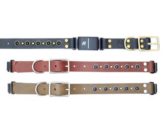 Handgemaakte leren hondenhalsband met studs: Fi-compatibele riemgesp