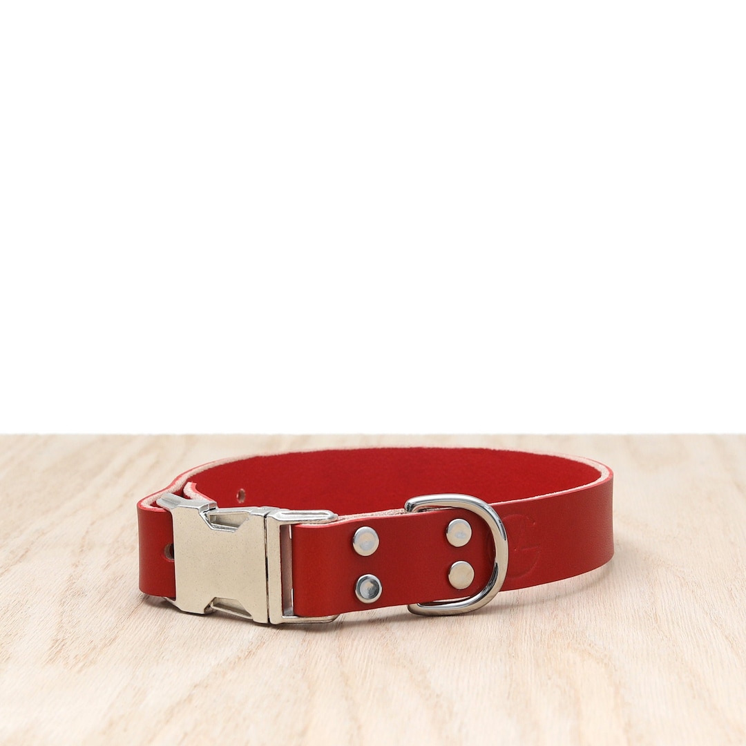 Red Leather Dog Collar W Quick Release Buckle Handmade Leather Dog