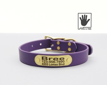 Collier pour chien violet avec boucle de ceinture imperméable avec plaque signalétique rivetée : biothane, fait main, facile à nettoyer